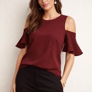 Ann Taylor Cold Shoulder Blouse XS Burgundy Red Ruffle Sleeve Top